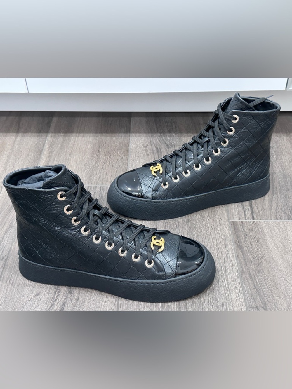 $2K Chanel Black Leather PATENT CAPTOE Lace Up BIKER COMBAT Booties 41.5C NEW